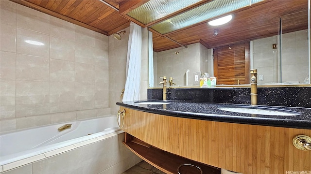 2425 Kuhio Ave Unit 1104, Honolulu, HI 96815 - full bath with wood ceiling, a sink, double vanity, and tiled shower / bath