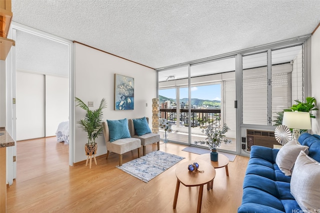 775 Kinalau Pl Unit 1907, Honolulu, HI 96813 - living room featuring floor to ceiling windows, a textured ceiling, light wood-style flooring, and cooling unit