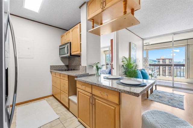 775 Kinalau Pl Unit 1907, Honolulu, HI 96813 - kitchen with stainless steel microwave, a textured ceiling, light brown cabinets, fridge with ice dispenser, and light tile patterned floors