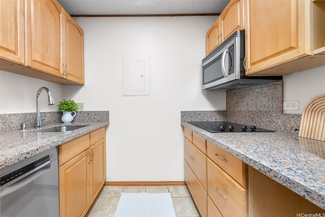 775 Kinalau Pl Unit 1907, Honolulu, HI 96813 - kitchen featuring appliances with stainless steel finishes, a sink, light brown cabinetry, decorative backsplash, and light stone counters