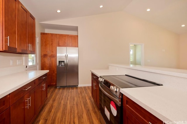 kitchen with hardwood / wood-style flooring, lofted ceiling, and stainless steel appliances