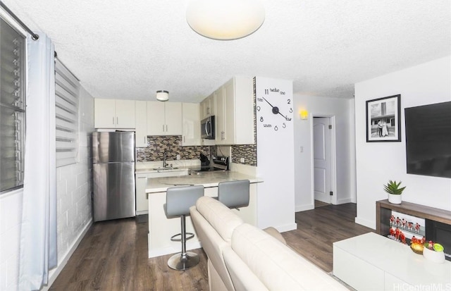 kitchen featuring tasteful backsplash, dark wood-type flooring, stainless steel appliances, and a textured ceiling