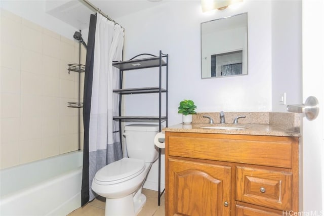 full bathroom featuring shower / bathtub combination with curtain, vanity, toilet, and tile patterned flooring