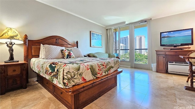 tiled bedroom featuring crown molding and access to outside