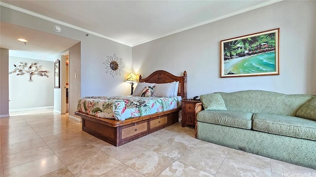 bedroom featuring light tile patterned flooring and ornamental molding