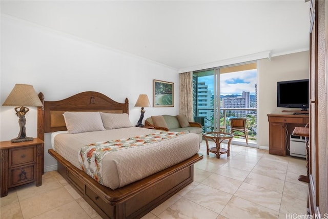 bedroom with expansive windows, ornamental molding, and access to exterior