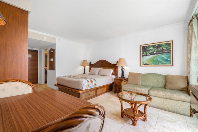 bedroom featuring crown molding and light tile patterned flooring