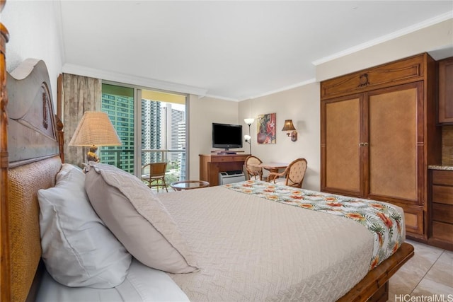 tiled bedroom with crown molding and floor to ceiling windows