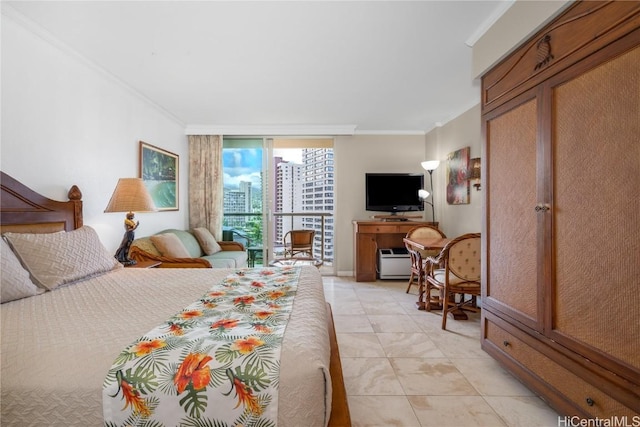 tiled bedroom featuring crown molding and floor to ceiling windows