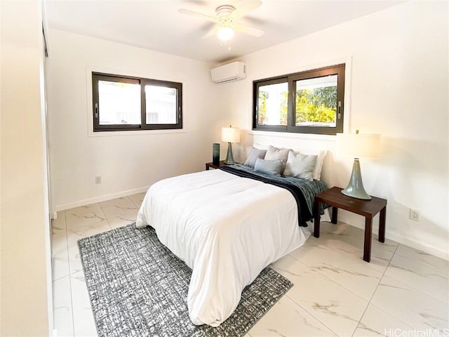 bedroom with an AC wall unit and ceiling fan