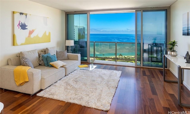 living room featuring a water view, floor to ceiling windows, and dark wood-type flooring