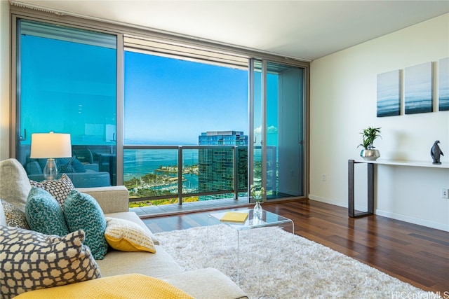 living room featuring a water view, a wall of windows, and dark hardwood / wood-style floors