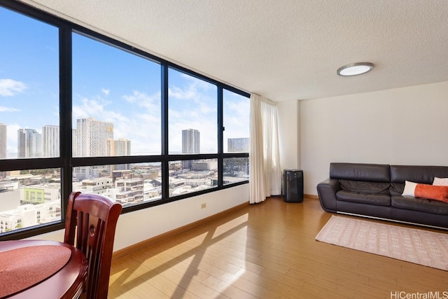 living room with hardwood / wood-style floors and a textured ceiling