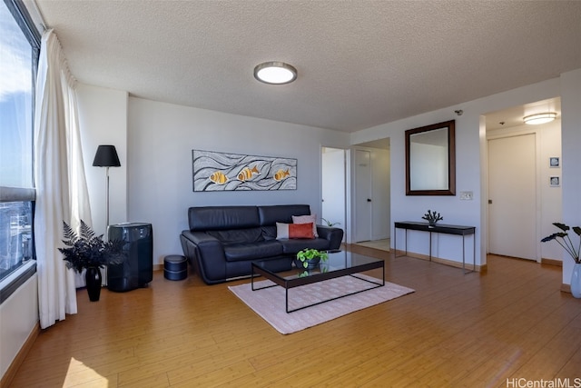 living room featuring hardwood / wood-style flooring and a textured ceiling