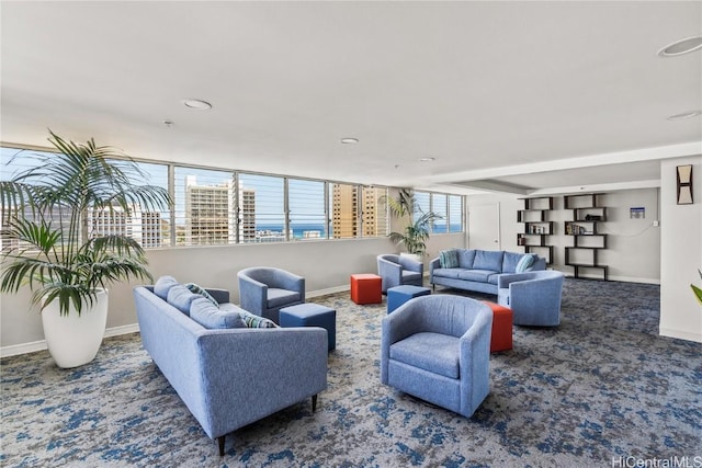 living room featuring dark carpet