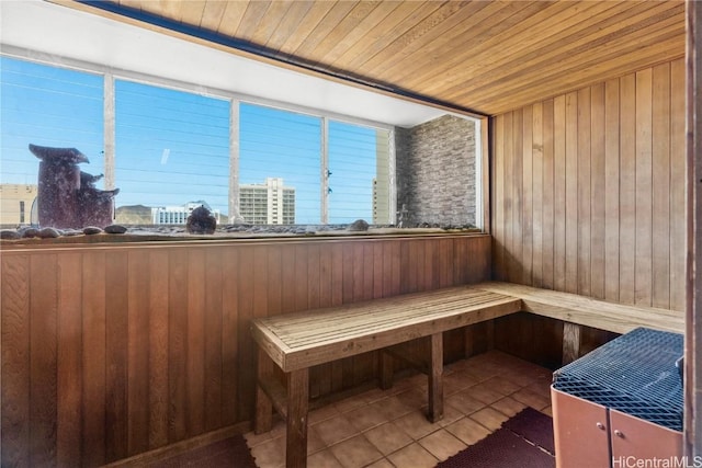 view of sauna with tile patterned floors