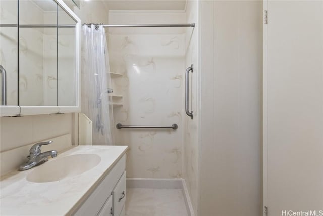 bathroom featuring vanity and walk in shower