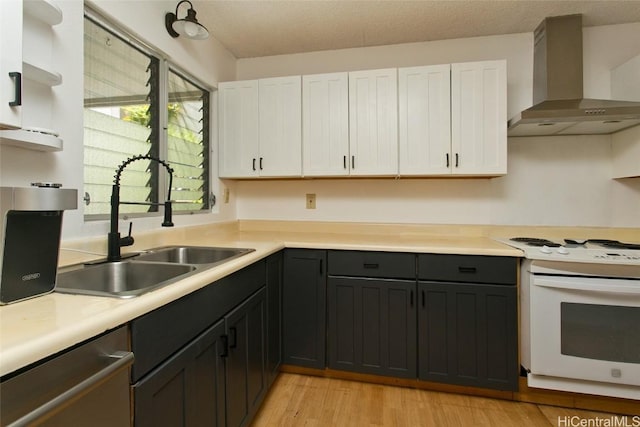 kitchen featuring white electric stove, white cabinetry, stainless steel dishwasher, and wall chimney exhaust hood