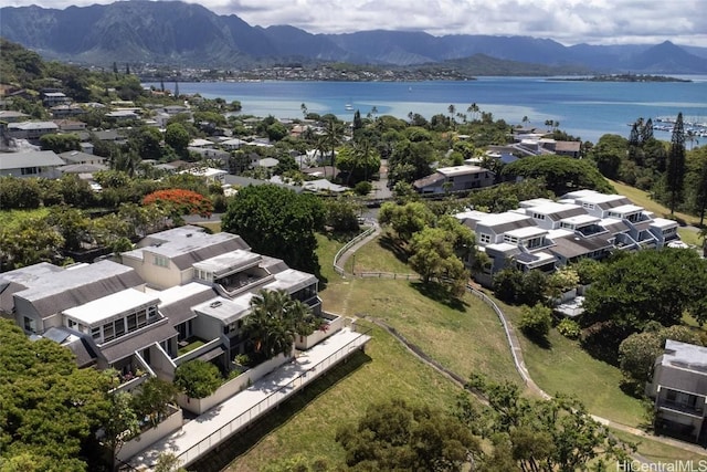 aerial view featuring a water and mountain view