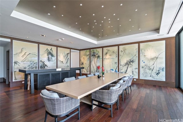 dining area with a tray ceiling, floor to ceiling windows, and dark hardwood / wood-style floors