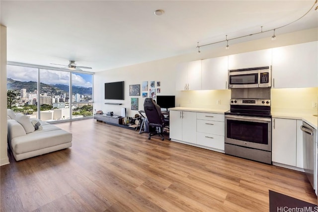 kitchen with tasteful backsplash, appliances with stainless steel finishes, light hardwood / wood-style floors, and white cabinets