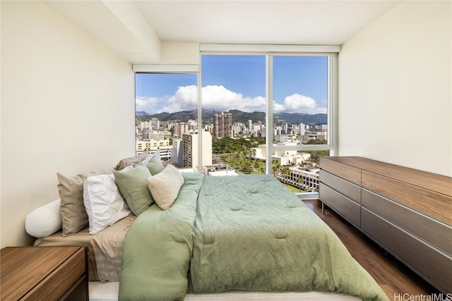 bedroom with floor to ceiling windows and dark hardwood / wood-style flooring