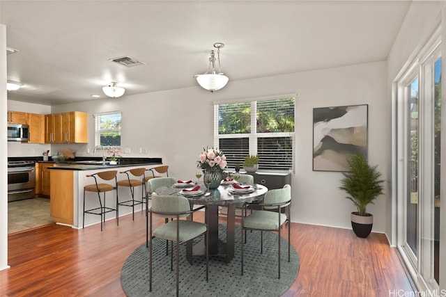 dining space featuring dark wood-type flooring and sink