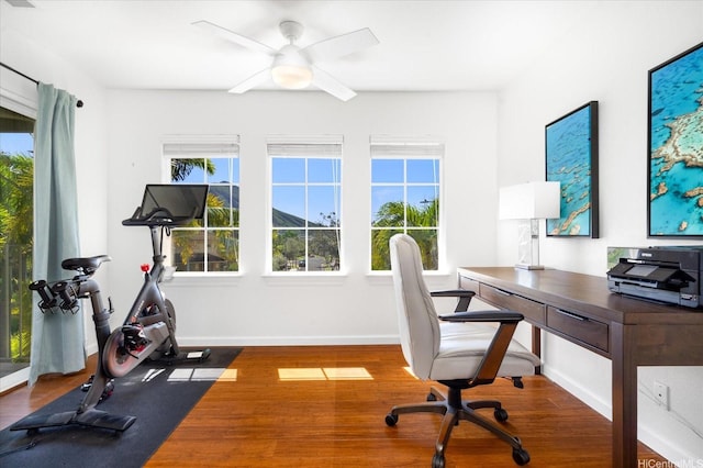 1098 Kuekue St, Honolulu, HI 96825 - home office featuring wood finished floors, healthy amount of natural light, a ceiling fan, and baseboards