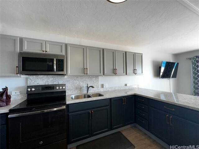 kitchen featuring black / electric stove, hardwood / wood-style flooring, gray cabinets, and sink