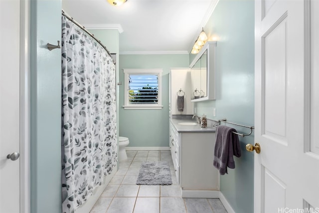 bathroom with vanity, crown molding, tile patterned floors, and a shower with shower curtain