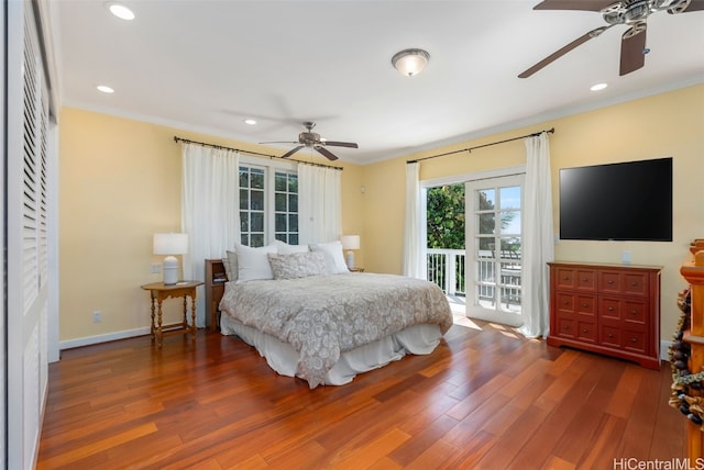 bedroom featuring crown molding, ceiling fan, access to exterior, and dark hardwood / wood-style flooring