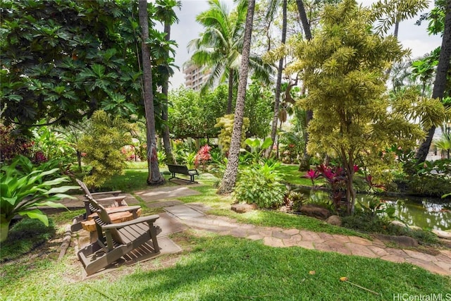 surrounding community featuring a lawn and a water view