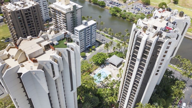 drone / aerial view with a water view