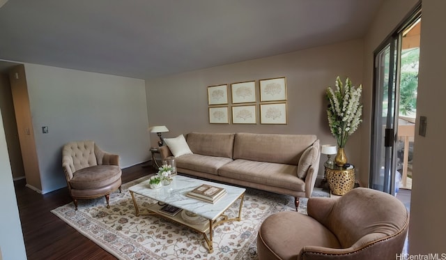 living room with dark hardwood / wood-style flooring