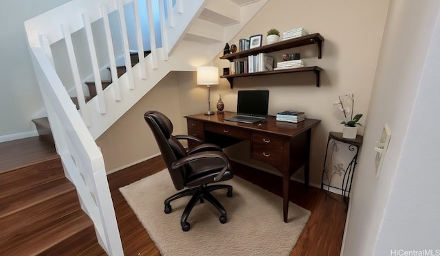 home office with dark hardwood / wood-style flooring