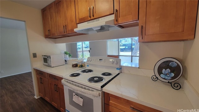 kitchen with dark wood-type flooring and white appliances