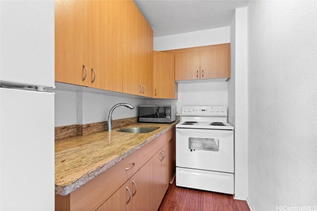 kitchen with stainless steel microwave, dark wood-type flooring, light stone countertops, white electric range oven, and a sink