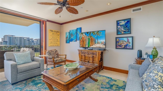 tiled living room with crown molding and ceiling fan