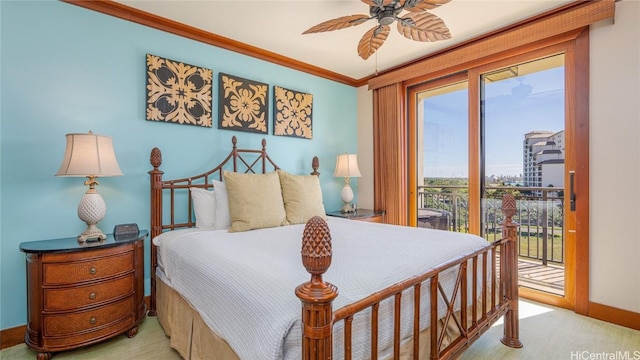 bedroom with crown molding, access to exterior, and light carpet