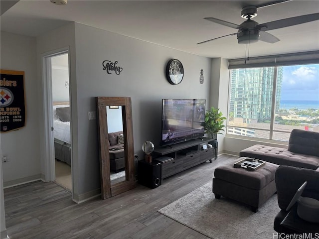 living room with hardwood / wood-style floors and ceiling fan