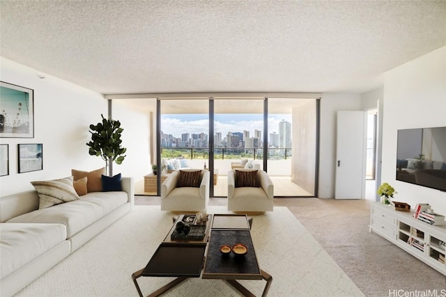 living room with a wall of windows, light carpet, and a textured ceiling