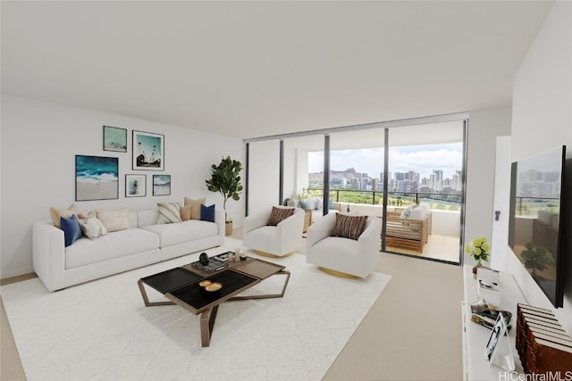 living room with floor to ceiling windows