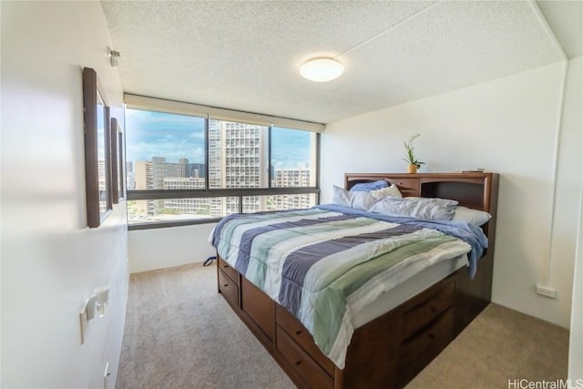 carpeted bedroom with a textured ceiling