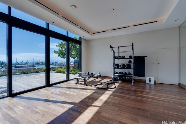 workout area with a raised ceiling, wood-type flooring, a water view, and expansive windows