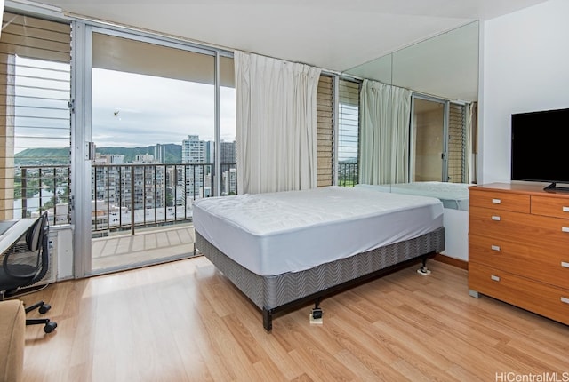 bedroom with multiple windows, access to exterior, floor to ceiling windows, and light wood-type flooring