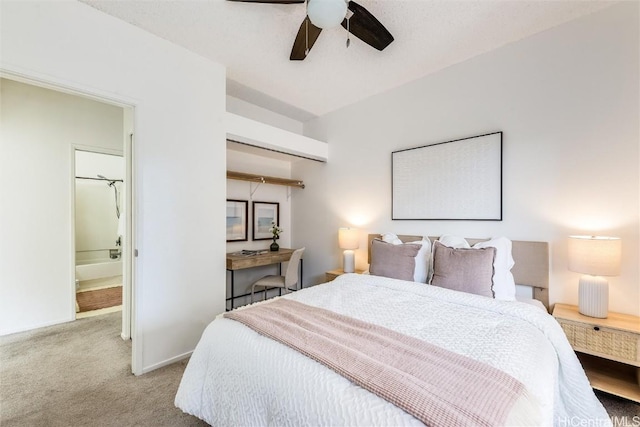 bedroom featuring ceiling fan and light colored carpet