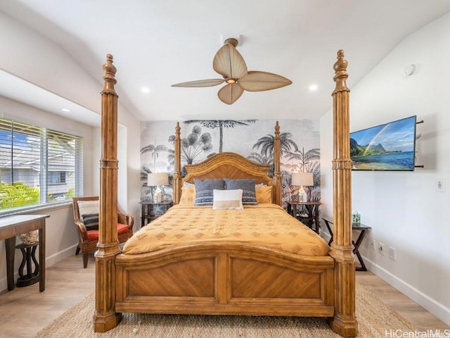 bedroom with ceiling fan and light wood-type flooring