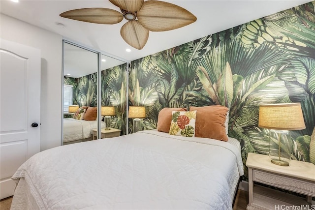 bedroom featuring a closet and ceiling fan