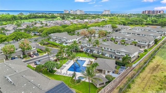 bird's eye view with a water view