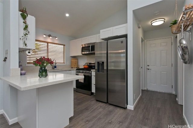 kitchen with white cabinetry, appliances with stainless steel finishes, sink, and dark wood-type flooring